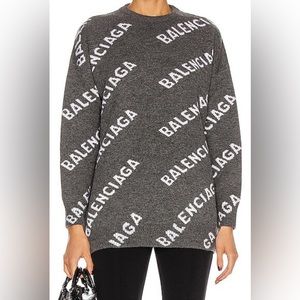 Balenciaga Grey Logo Intarsia Wool Knit Sweater